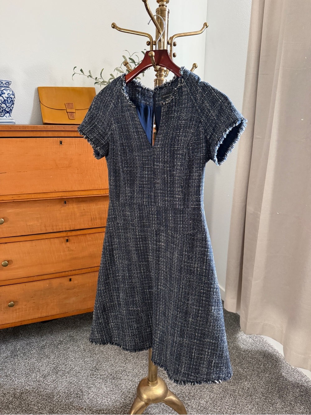Banana Republic Navy Tweed Frayed-Edge A-Line Dress